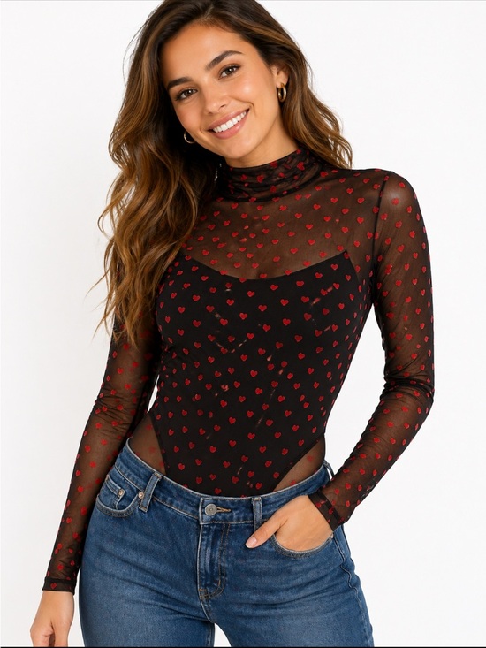 Avid Love Tops - Black Sheer Bodysuit with Red Heart Print